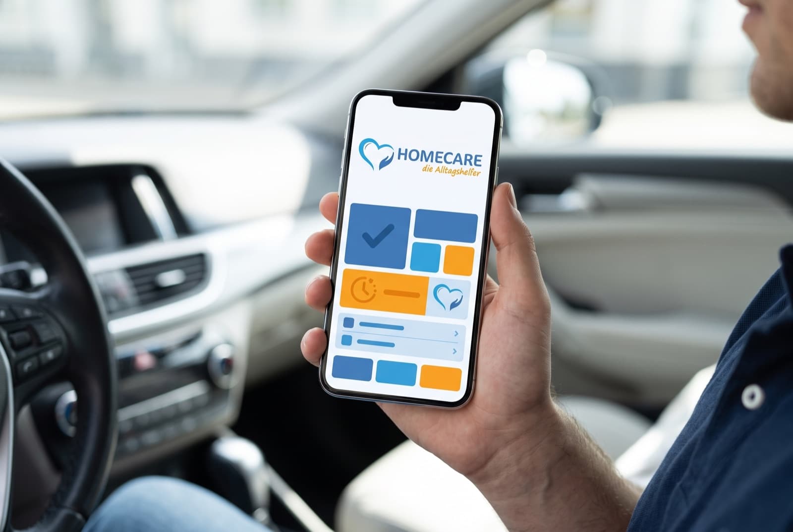 Hand hält ein Smartphone mit HOMECARE-Logo und App-Oberfläche in Blau und Orange