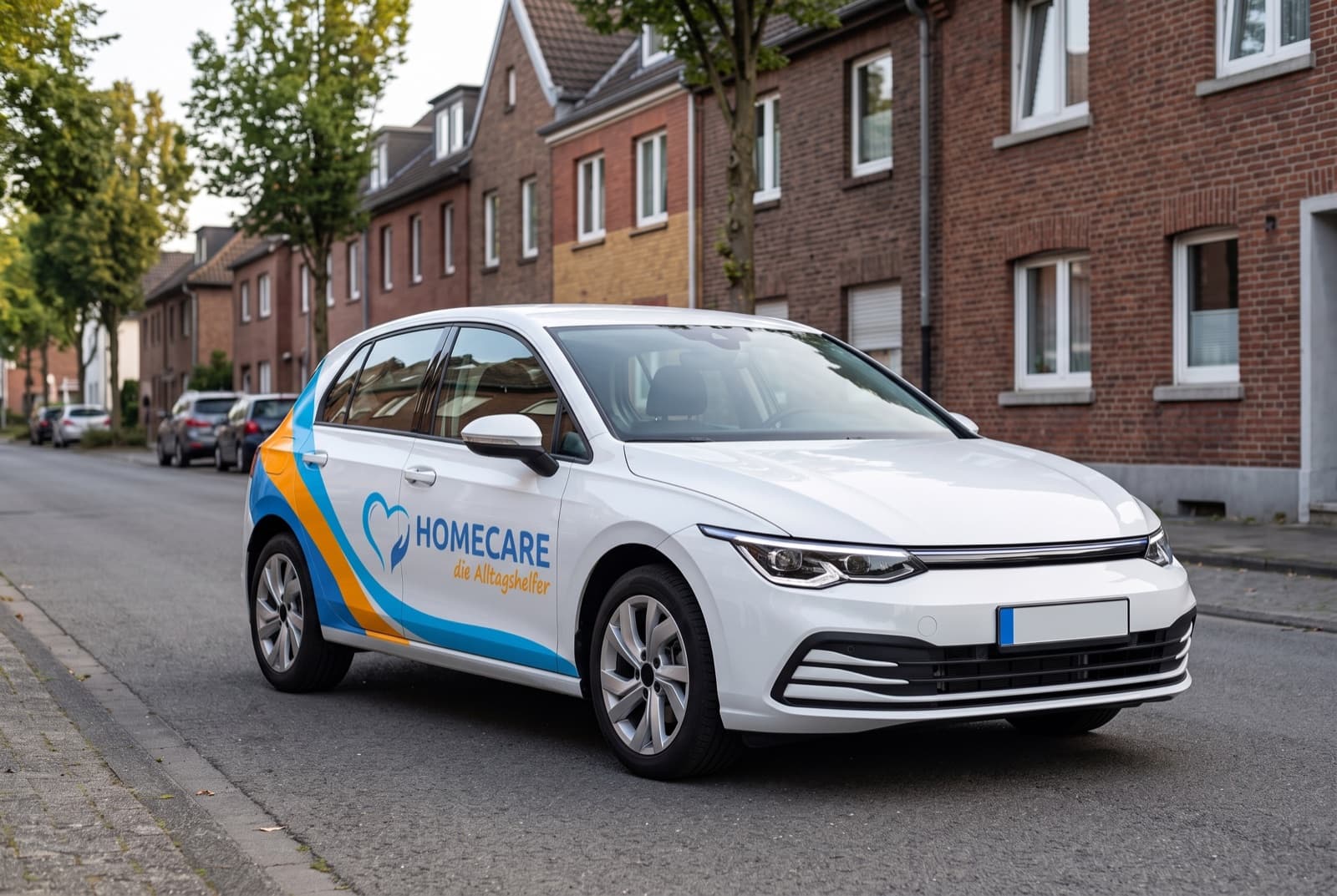 Weißer Dienstwagen im HOMECARE-Design mit blau-orangen Streifen und Logo auf der Tür