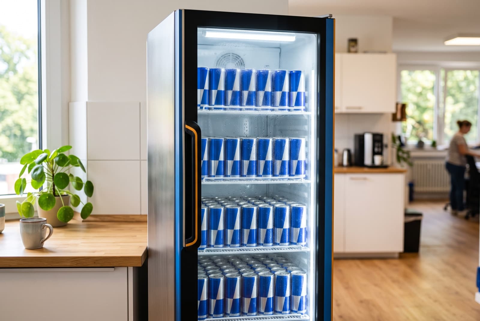 Getränkekühlschrank im Büro, randvoll mit blau-silbernen Energydrink-Dosen