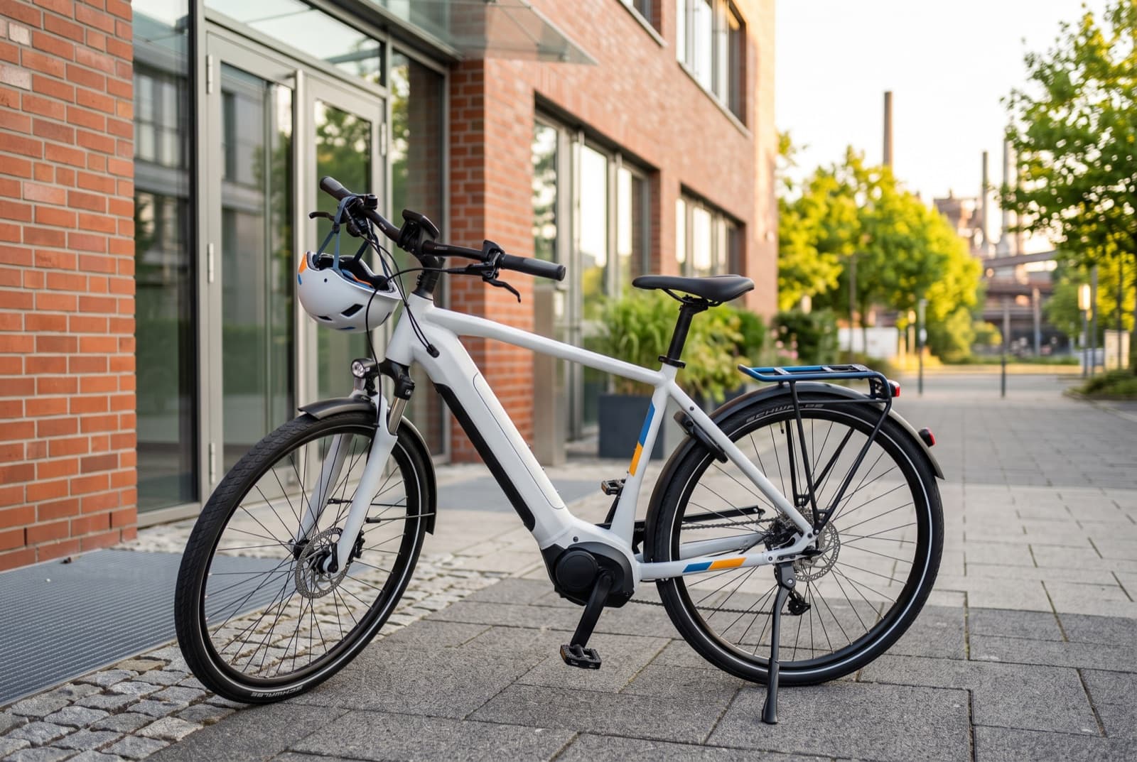 Modernes weißes E-Bike mit blauen und orangen Akzenten vor einem Büroeingang